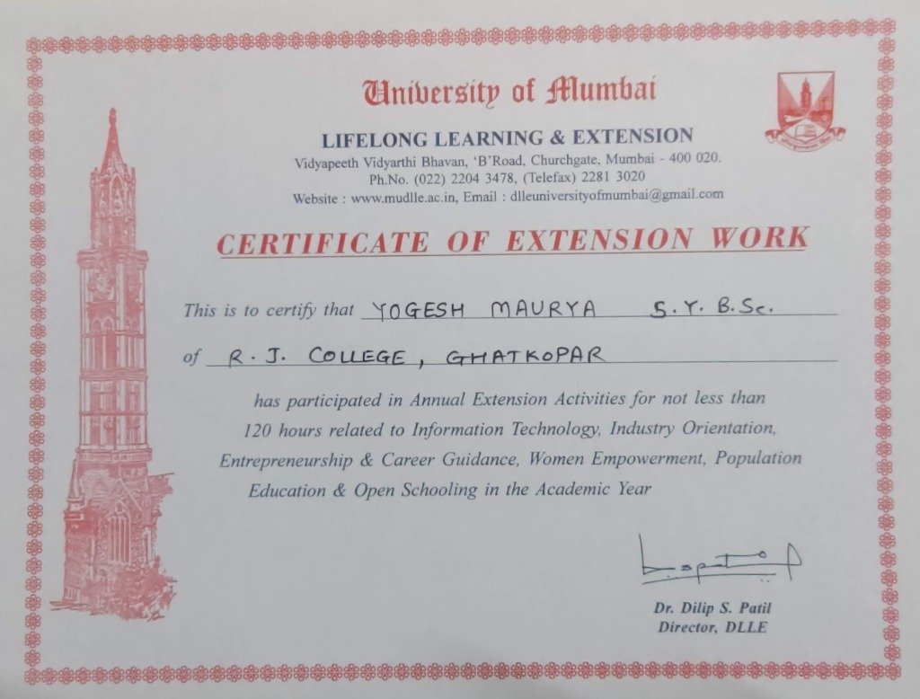 University of Mumbai DLLE Extension Work Certificate
