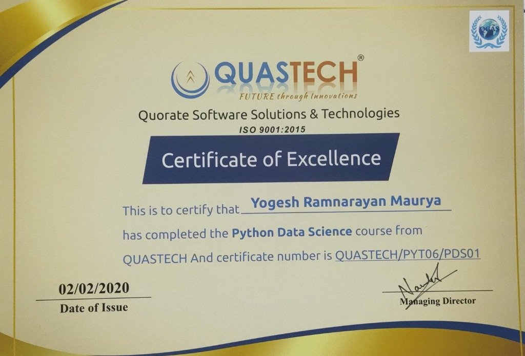 QuasTech Python Data Science ISO 9001:2015 Certificate