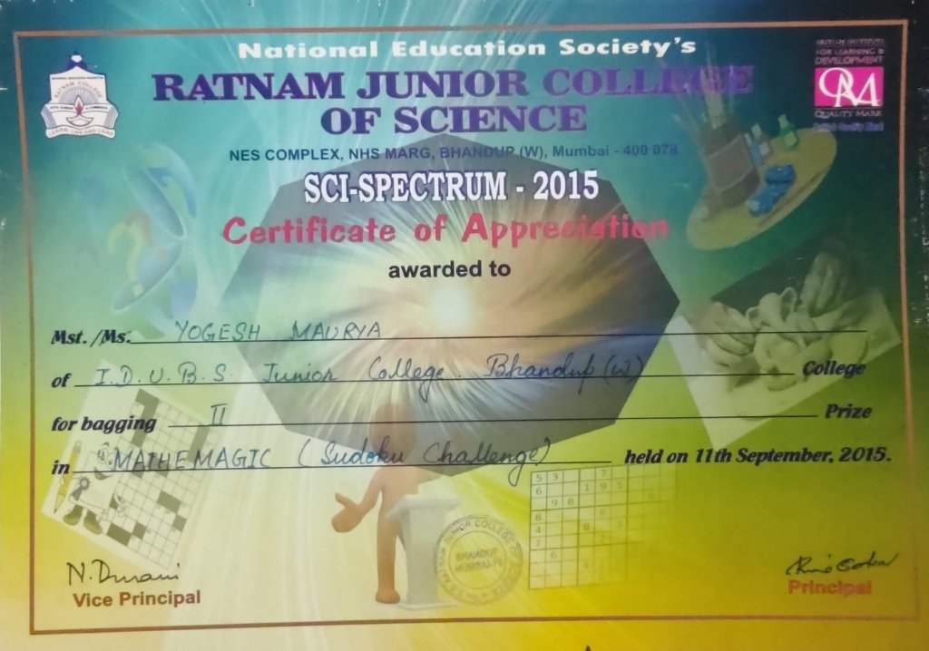 NES Ratnam Junior College of Science Sudoku Challenge II Prize Certificate